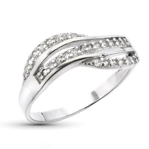 9K Sortija Oro Blanco Ondas Con Circonitas. Ancho: 7 Mm
