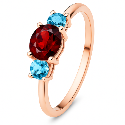 Anillo oro de 18 quilates con 1 granate y 4 topacios swiss
