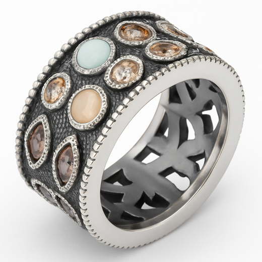 Anillo plata, cuarzo rosa, calcedonia