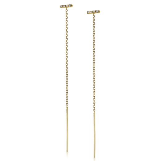 Pendientes oro largos con Cadena barra diamante